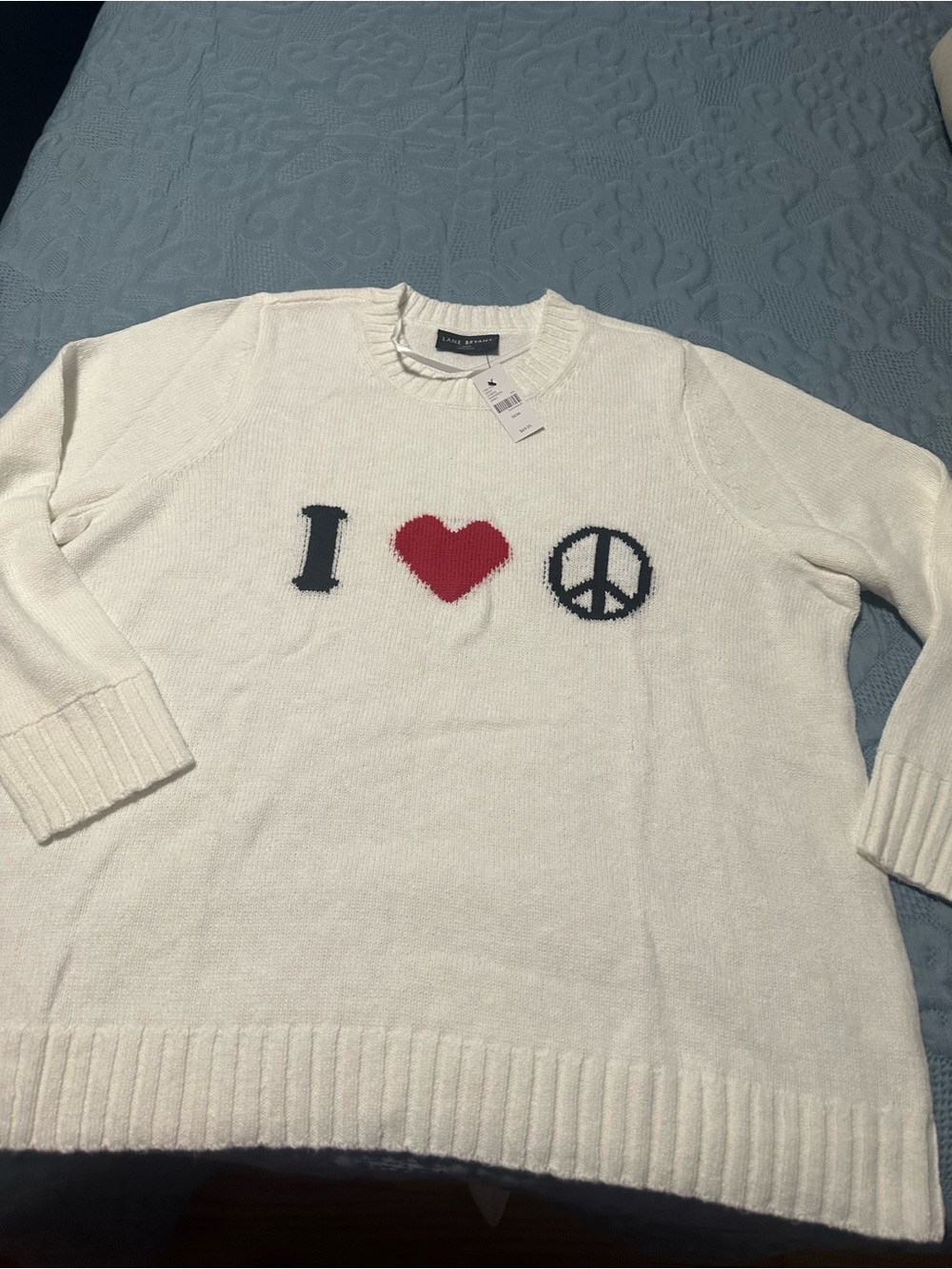 Lane Bryant White Crewneck Sweater with Red Heart and Black Peace Motif
